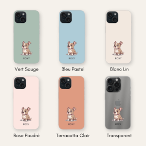 Visuel des différentes couleurs de coques vert, bleu, rose, blanc, terracotta, transparent